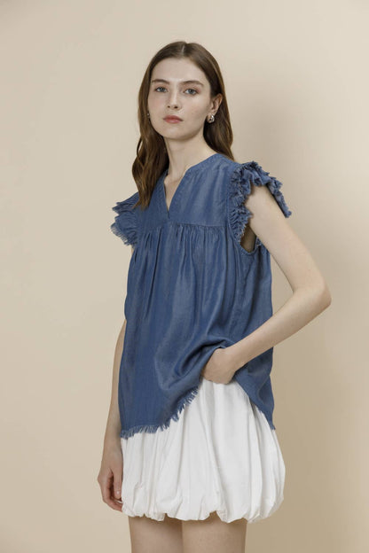Pre-Washed Tencel Denim Frayed Ruffle Cap Sleeve Top