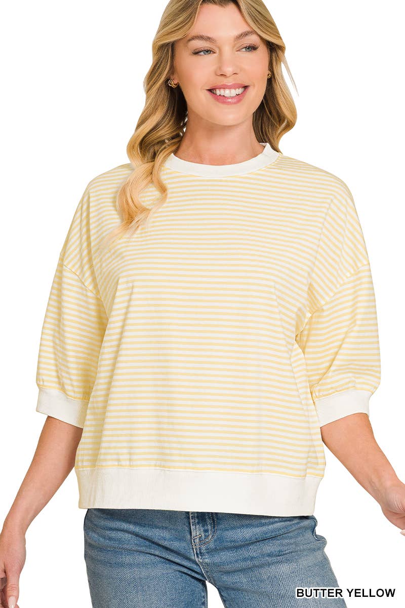 Striped Contrast Trim Banded Bottom Top - Zenana