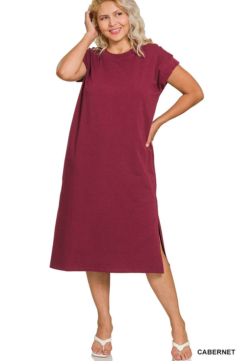 0624 Plus Round Neck Short Sleeve Midi Dress w/ Side Slit SI-2728
