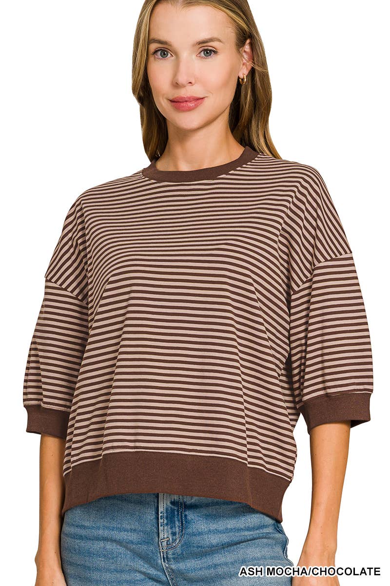 Striped Contrast Trim Banded Bottom Top - Zenana
