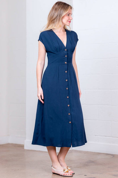 PD20378T-LINEN PLUNGE BUTTON DOWN  A-LINE MIDI DRESS