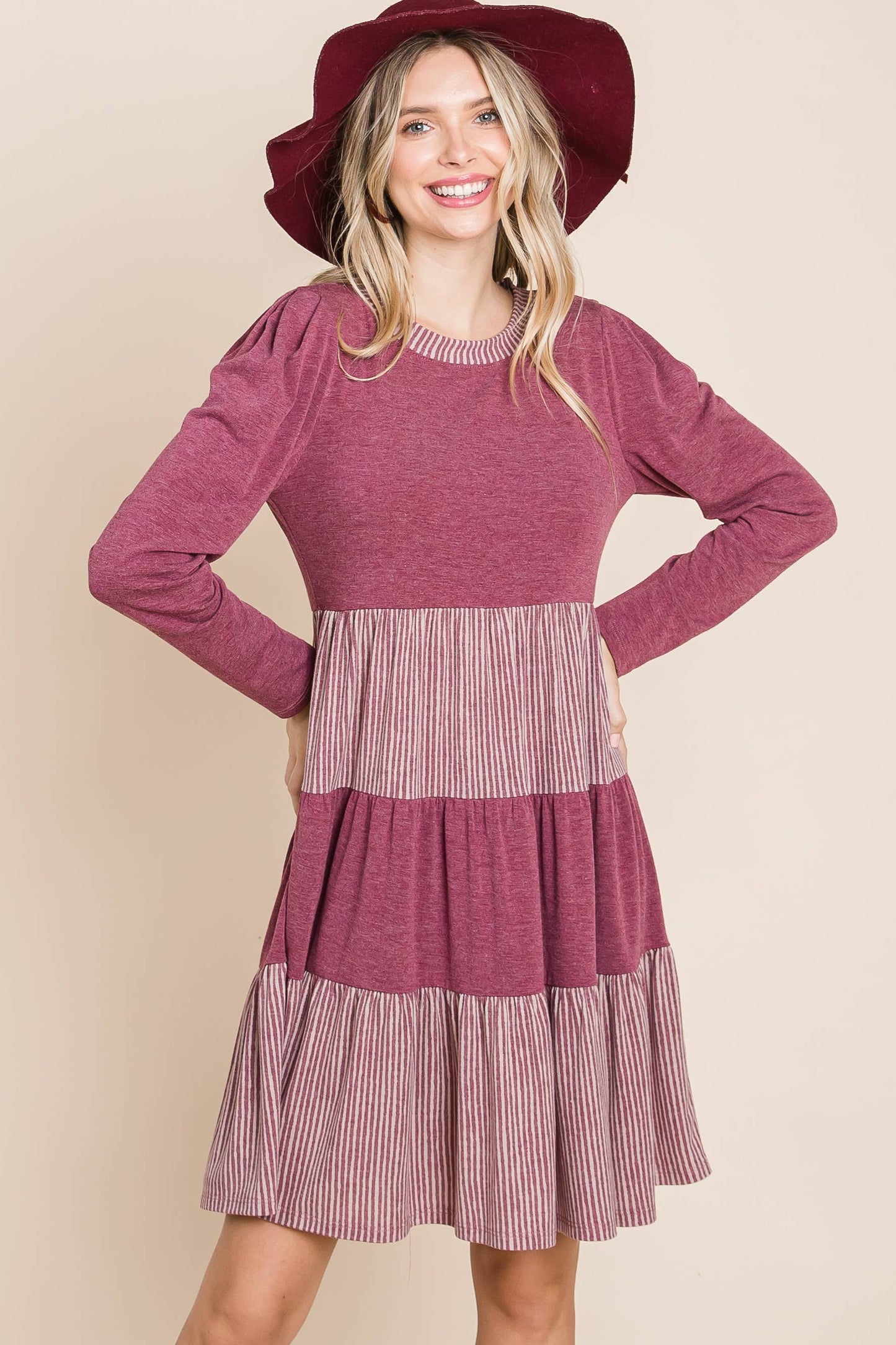 ETK-8610-PL Plus Size Striped and Solid  Knee Dress