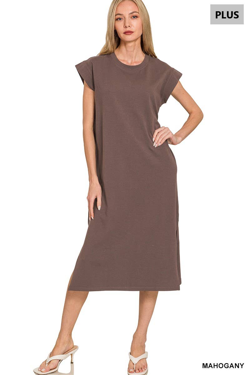 0624 Plus Round Neck Short Sleeve Midi Dress w/ Side Slit SI-2728