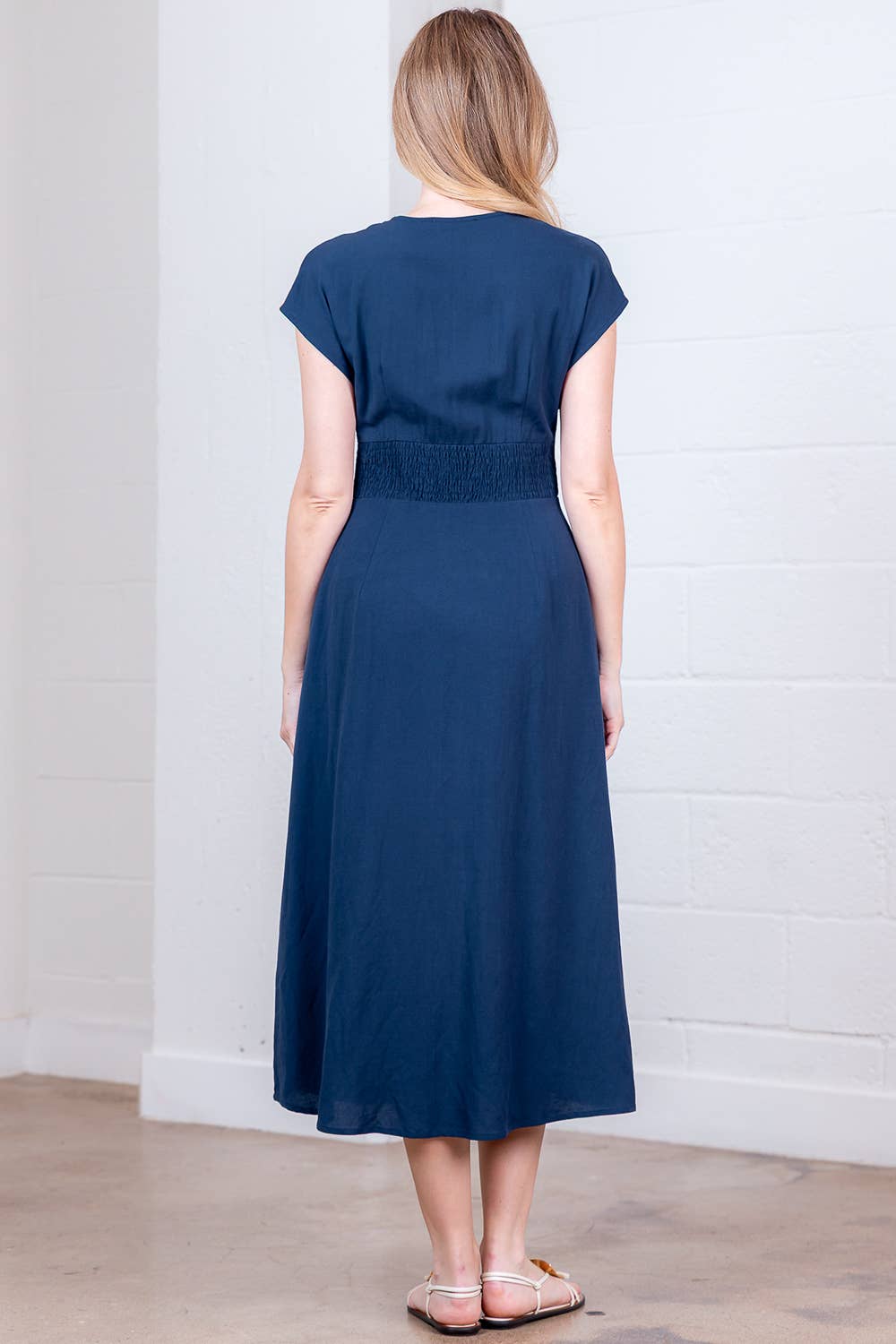 PD20378T-LINEN PLUNGE BUTTON DOWN  A-LINE MIDI DRESS