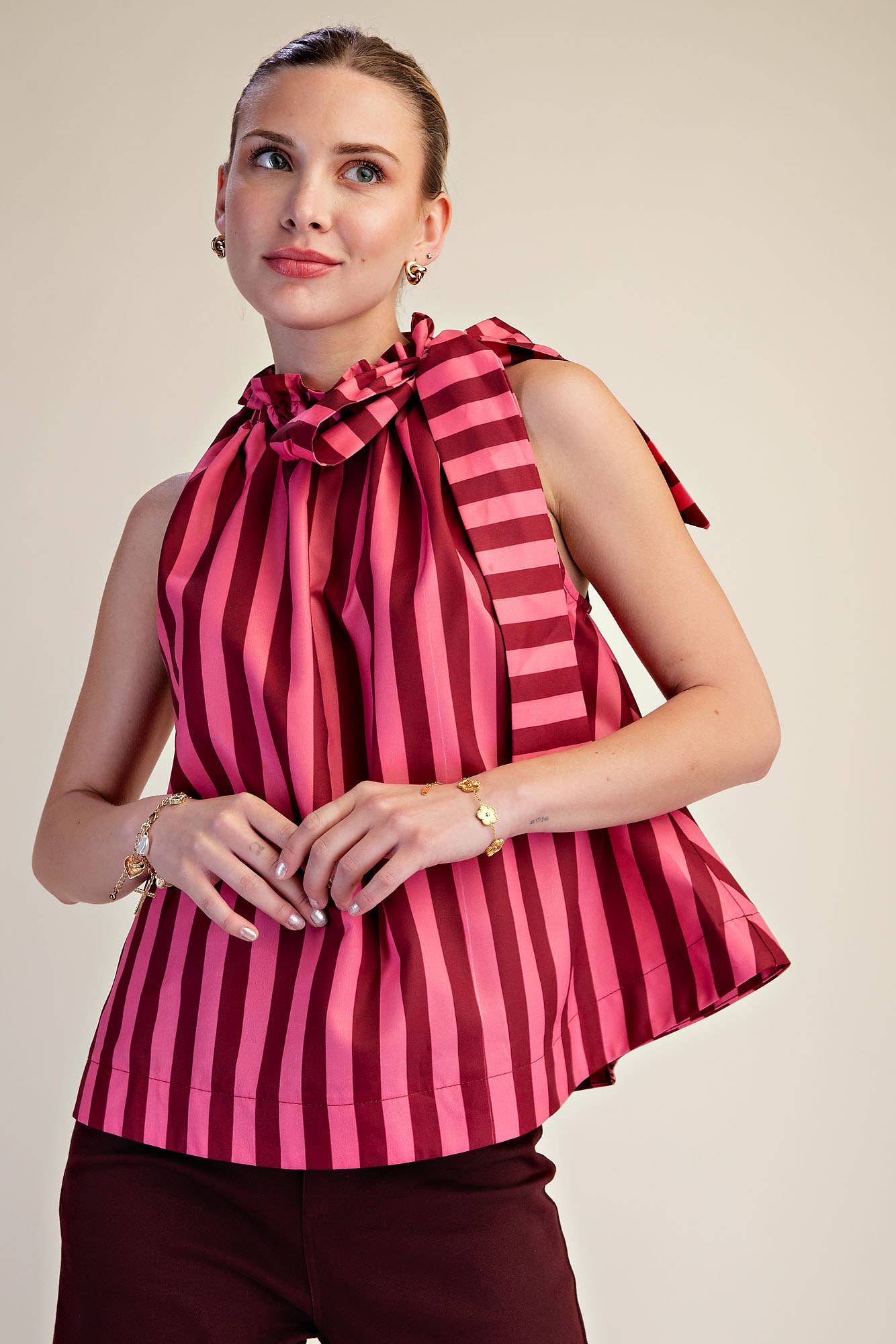 Ruffle Neck Tie Sleeveless Stripe Top
