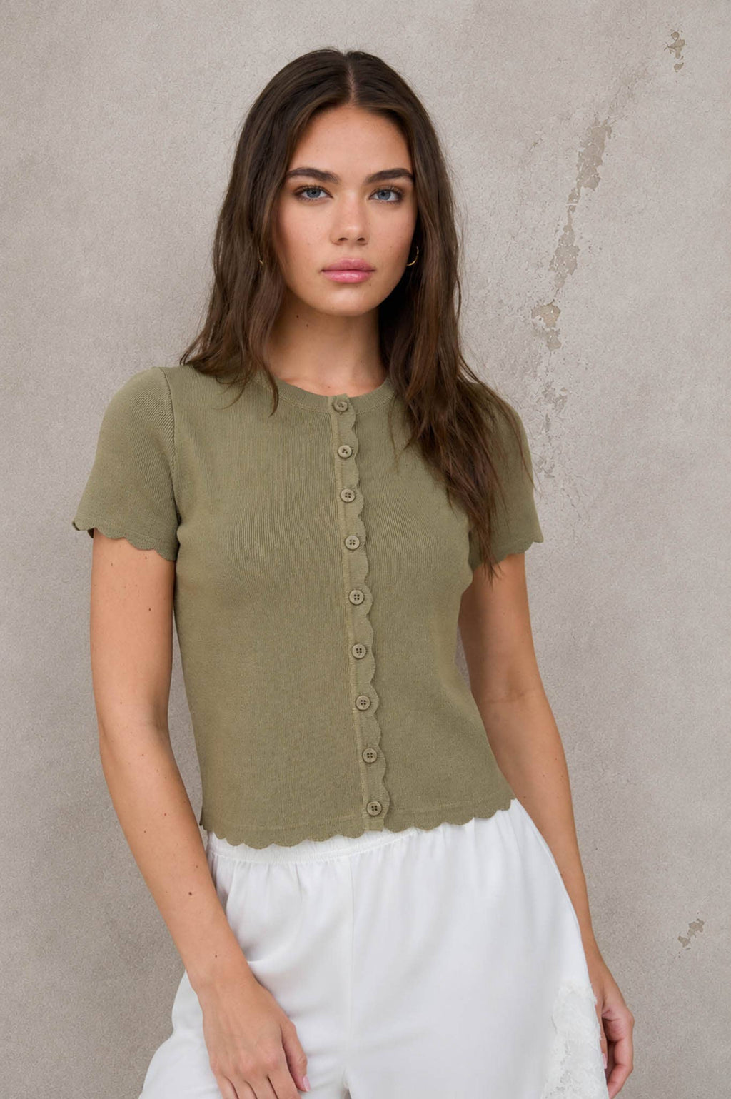 SCALLOPED SHORT SLEEVE BUTTON DOWN KNIT CARDIGAN
