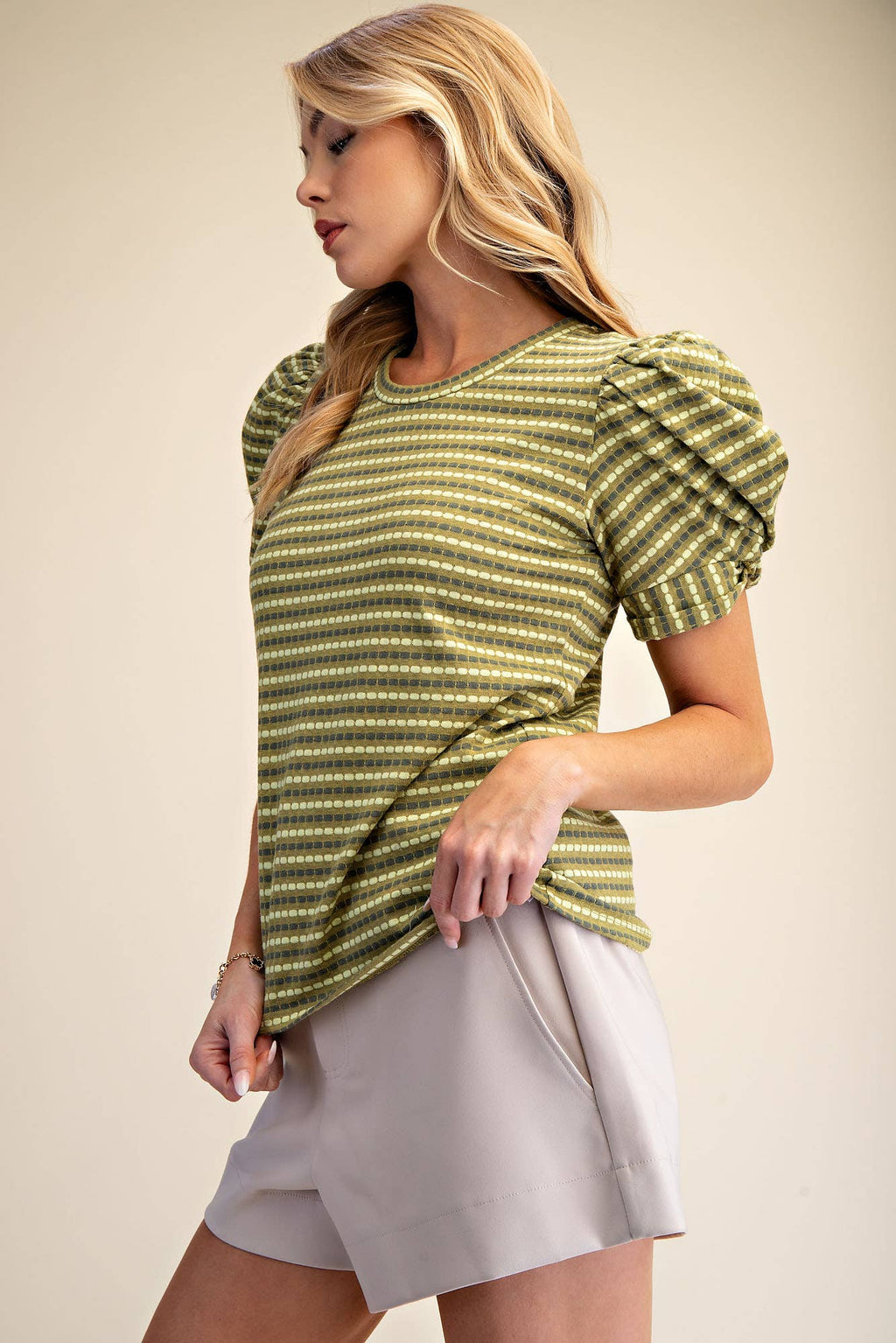 Round Neck Puff Sleeve Stripe Top