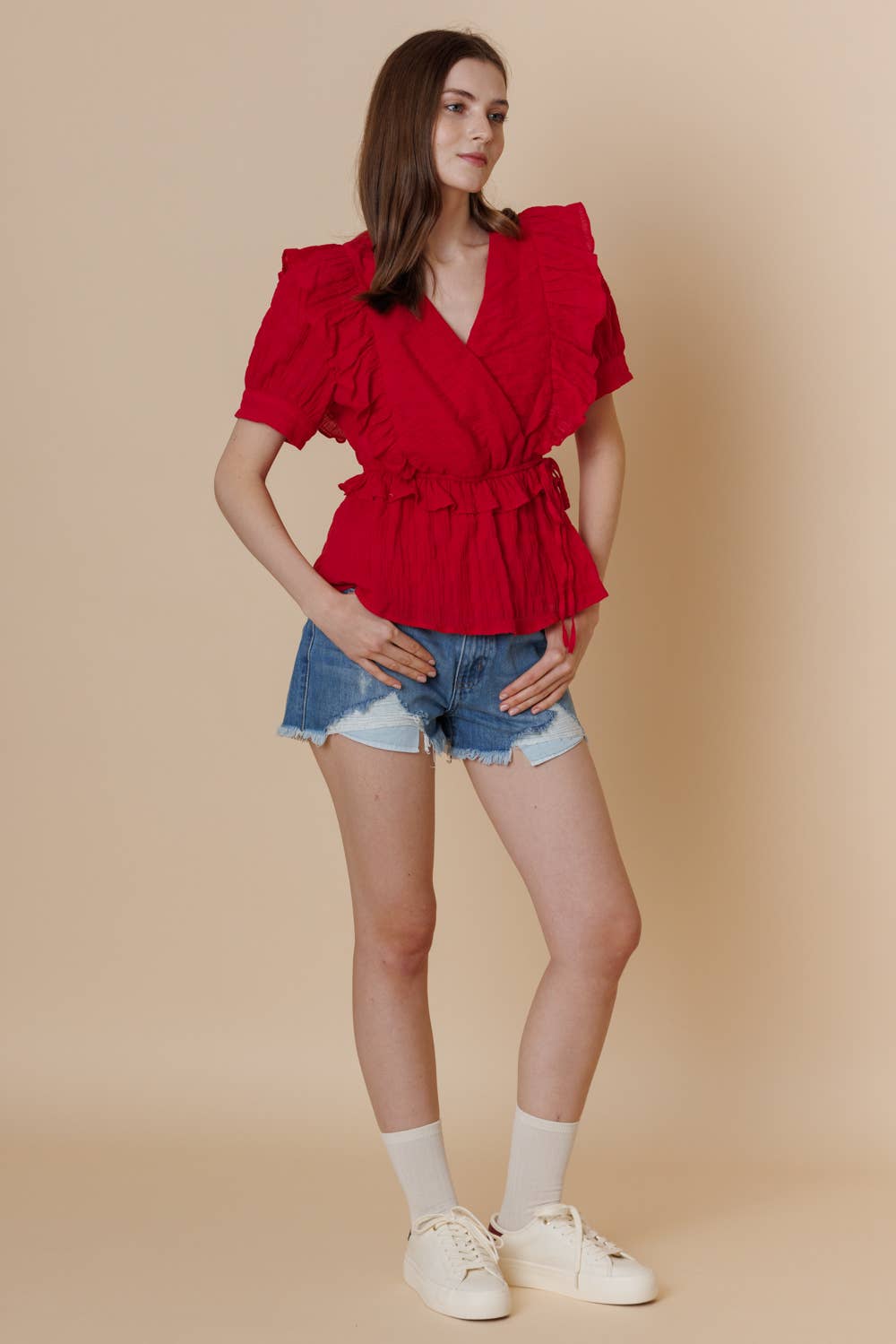 Textured Cotton Surpliced Puff Short Sleeve Ruffle Top