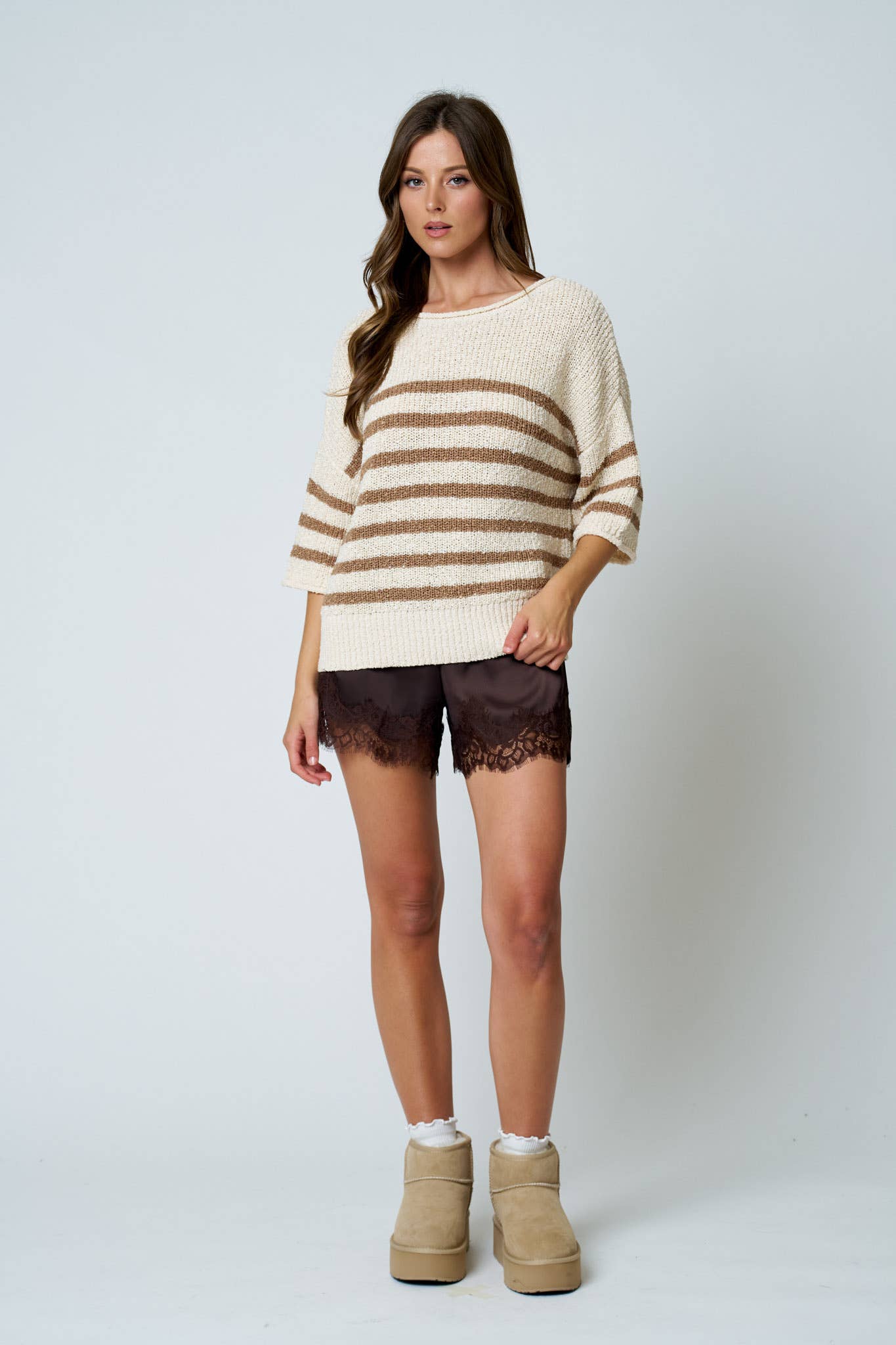 STRIPE TEXTURED KNIT HALF SLEEVE KNIT SWEATER