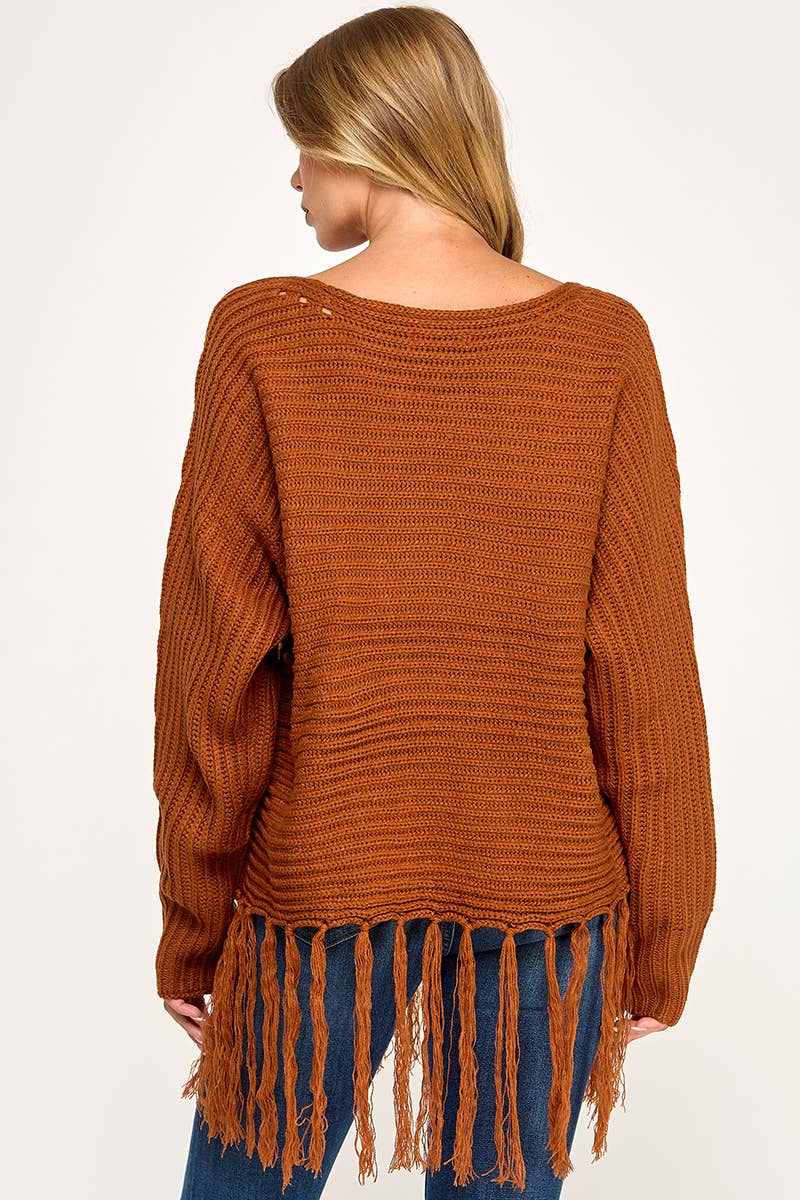 IT3453 - LONG SLEEVE SOLID BOAT NECK SWEATER WITH FRINGE