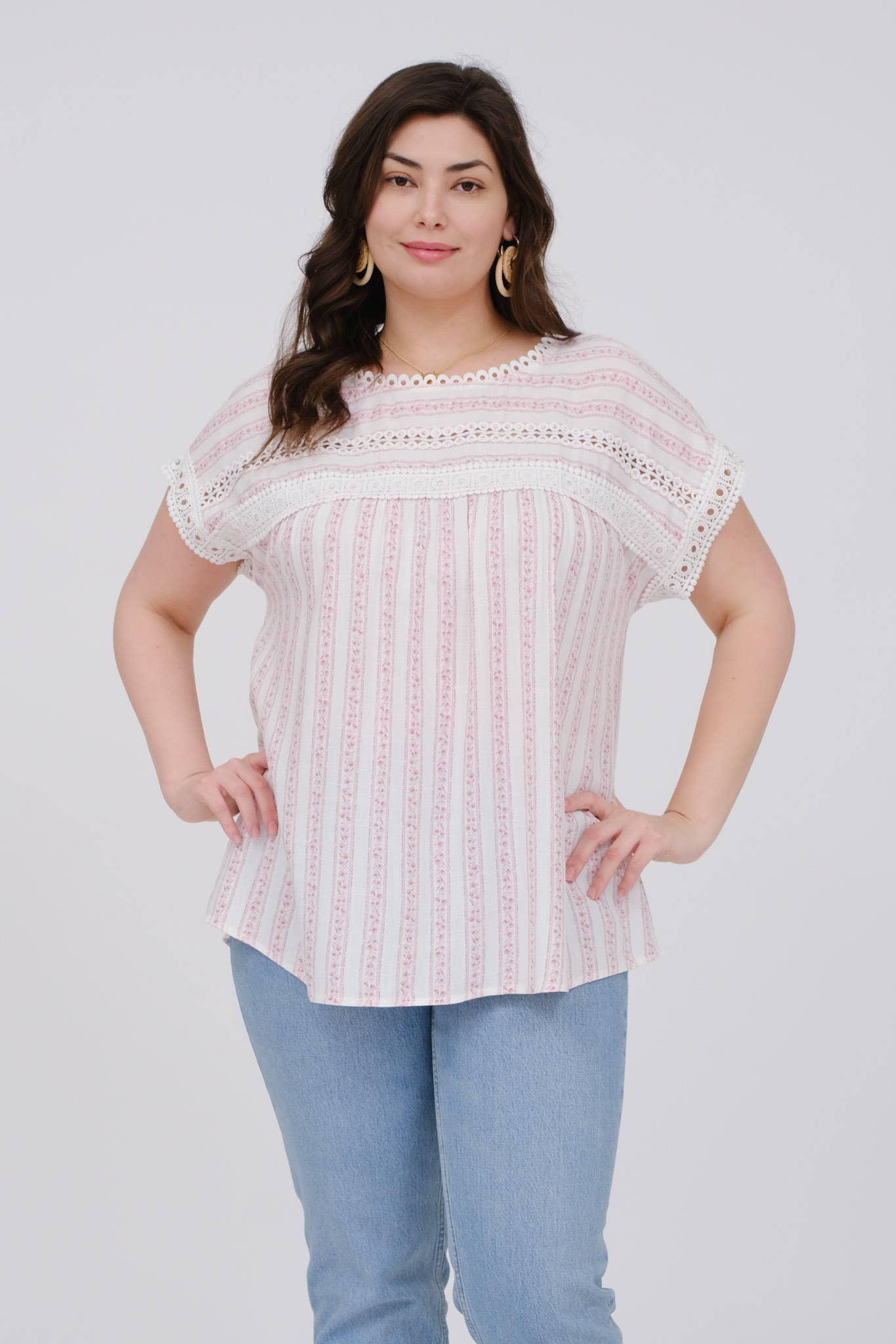 PLUS STRIPE FLORAL BATWING SHORT SLEEVE TOP