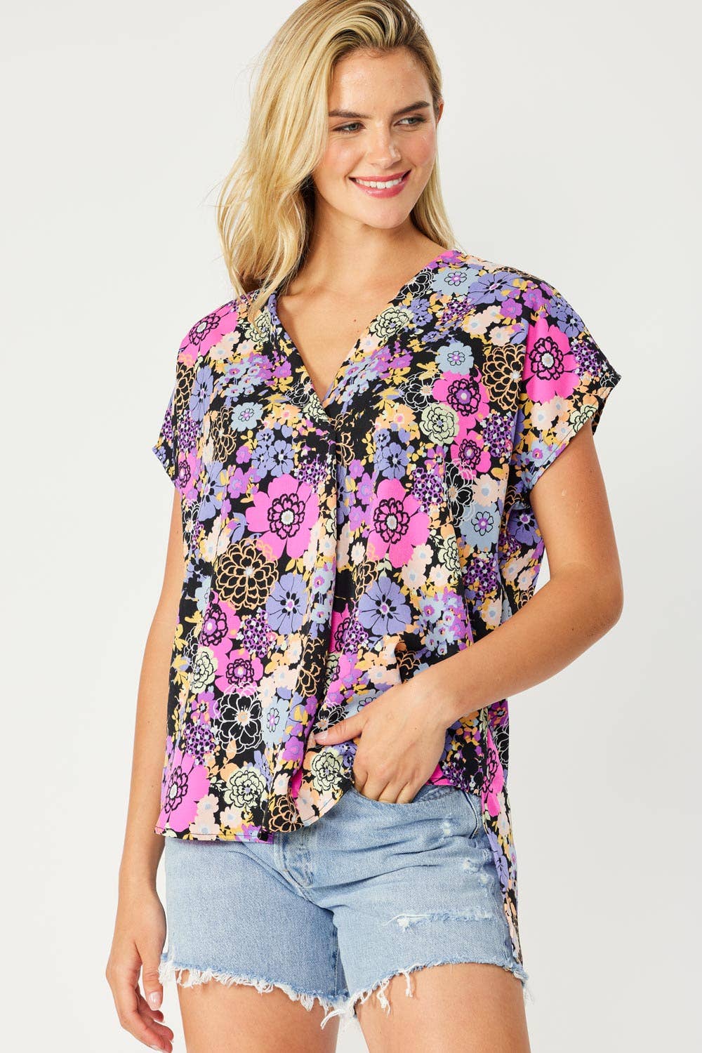 ST3611-E - FLORAL PRINT HI-LOW V NECK RELAXED FIT TOP