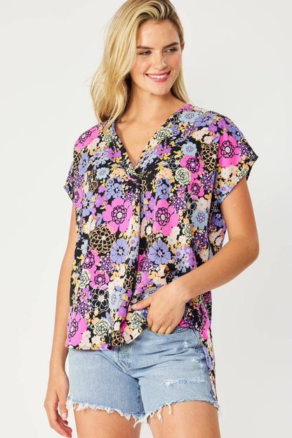 ST3611-E - FLORAL PRINT HI-LOW V NECK RELAXED FIT TOP