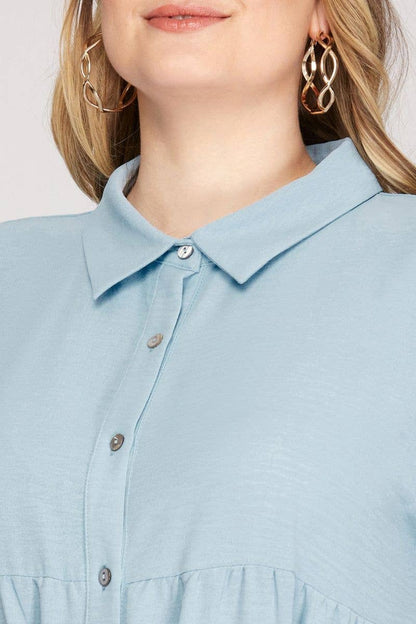 LT. BLUE SHORT PUFF SLEEVES TIERED PLUS SIZE MINI DRESS: LT. BLUE / Plus Size / 2XL