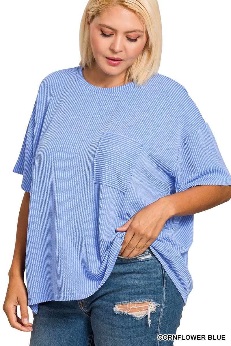 0107 Plus Raised Rib Short Sleeve Front Pocket Top SI-28942