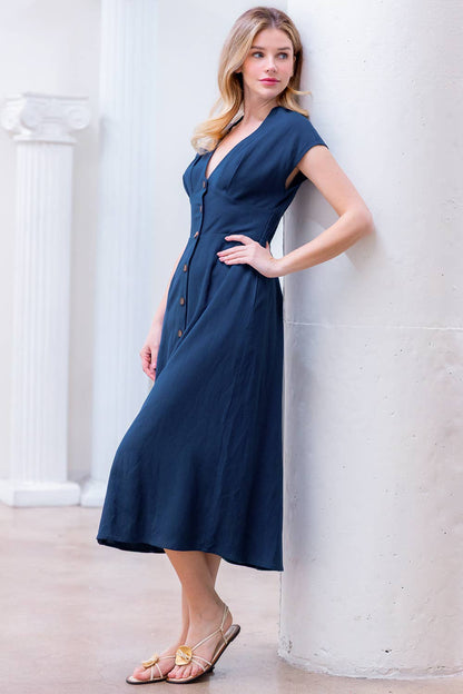 PD20378T-LINEN PLUNGE BUTTON DOWN  A-LINE MIDI DRESS