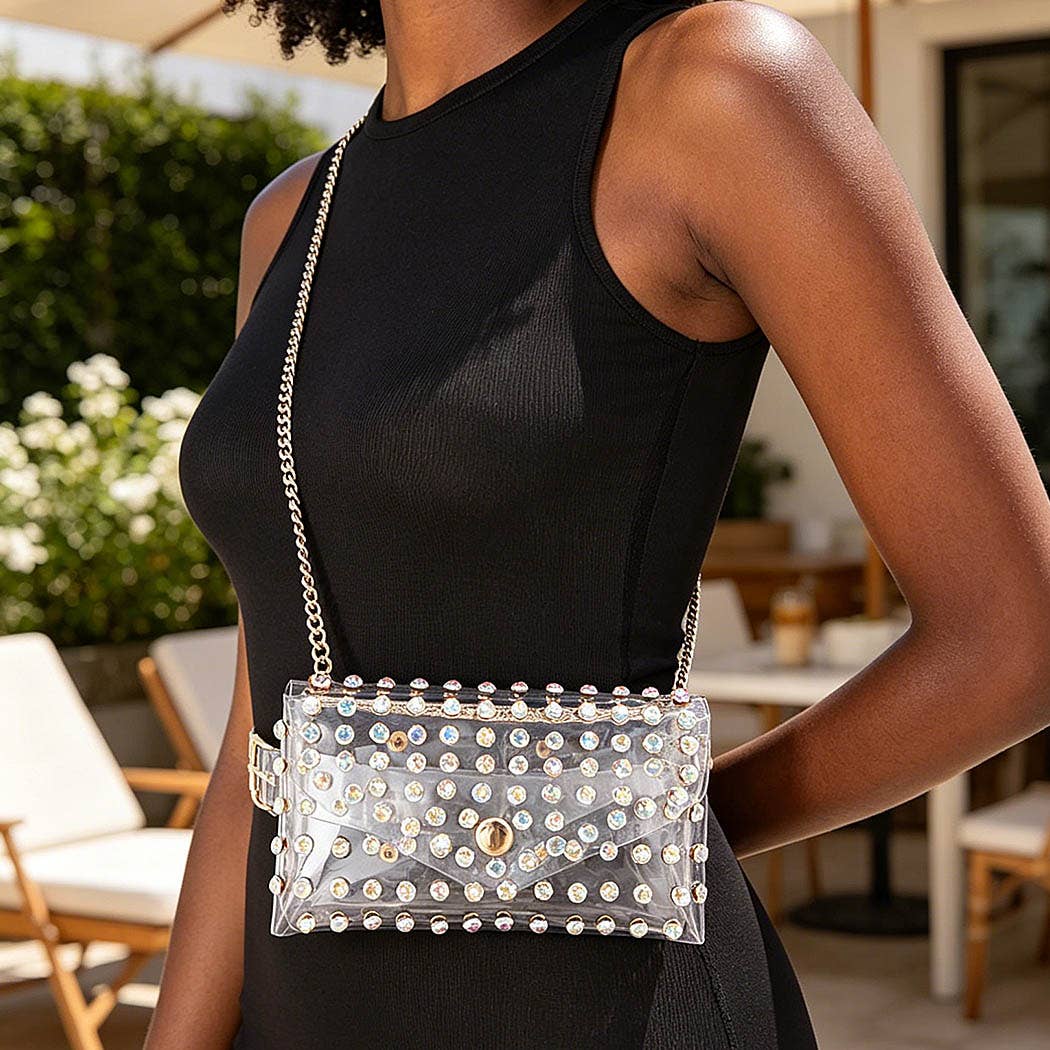 Rhinestone Clear Belt Bag W/Chain PB8633