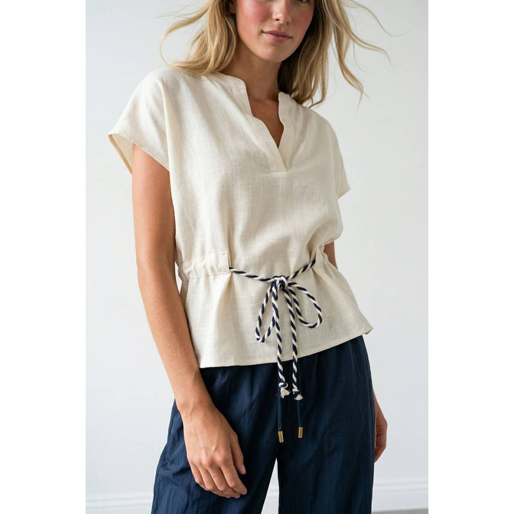 Linen Rope Tie Waist Blouse