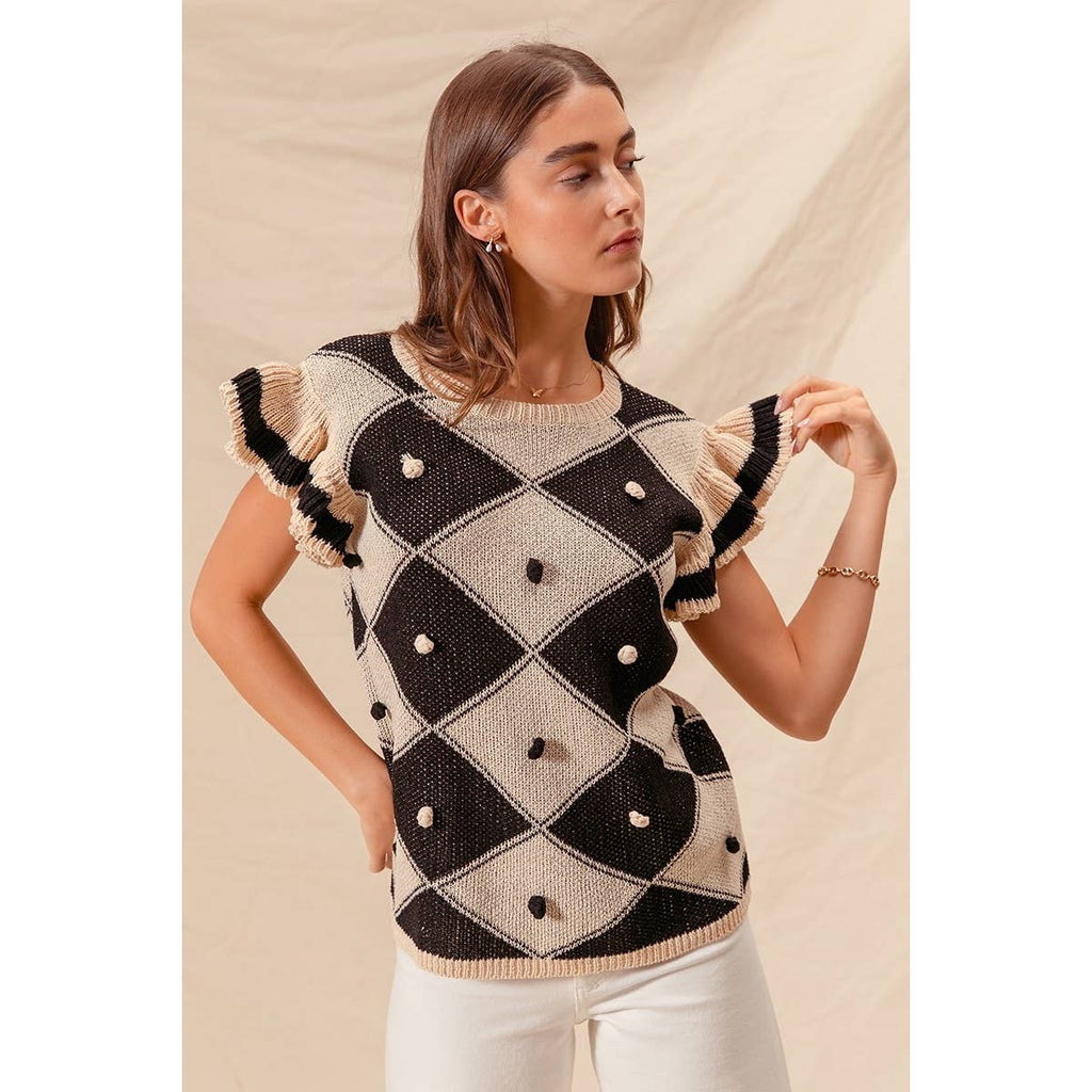 ARGYLE PATTER SWEATER TOP WITH RUFFLED SLEEVES