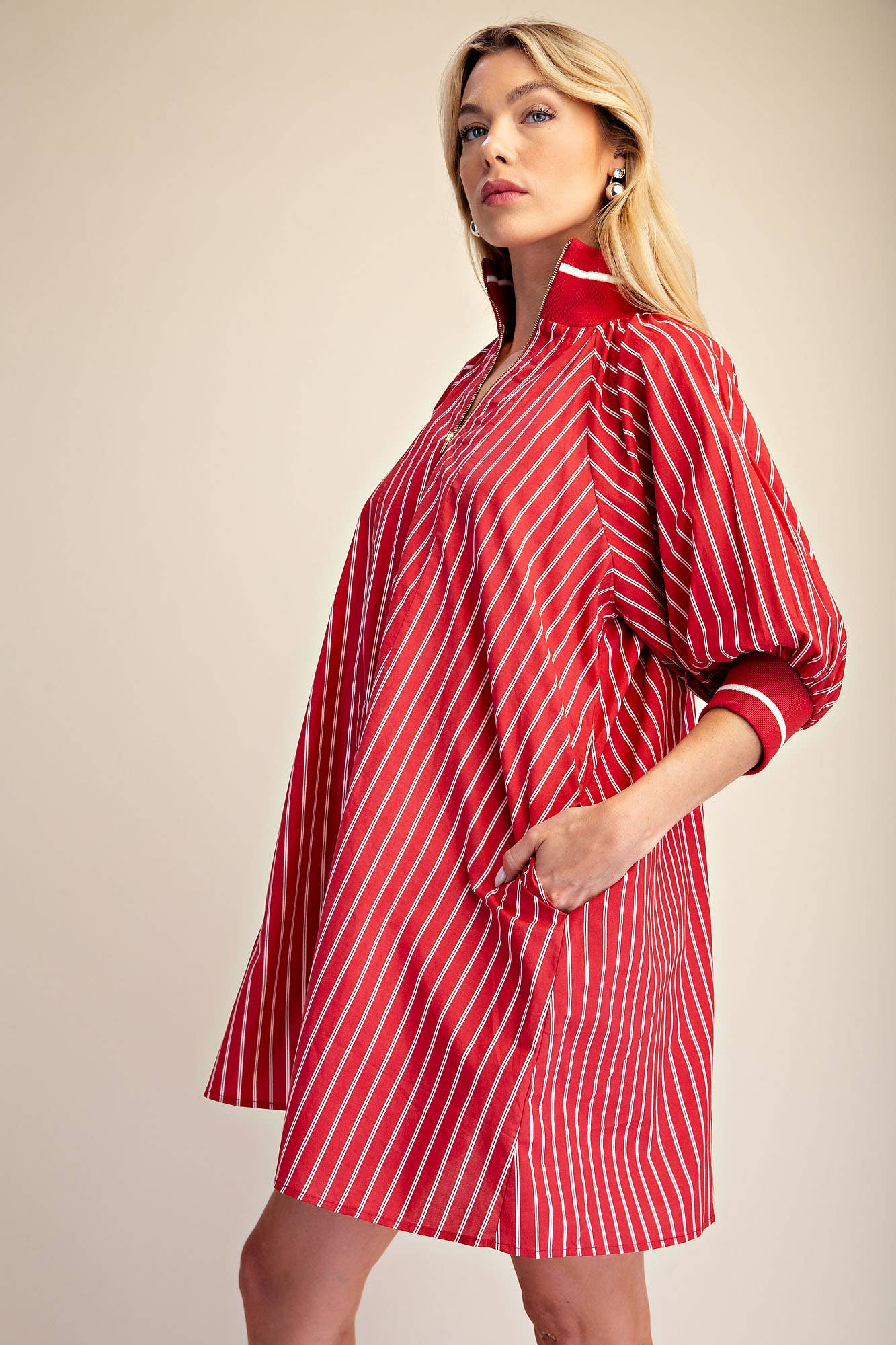 Mock Neck Band Half Zip Stripe Mini Dress