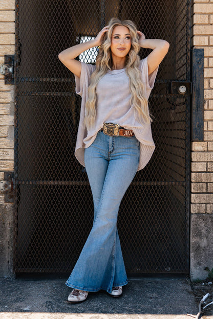 Round Neckline Crochet Poncho Sleeve Top: OATMEAL / S/M
