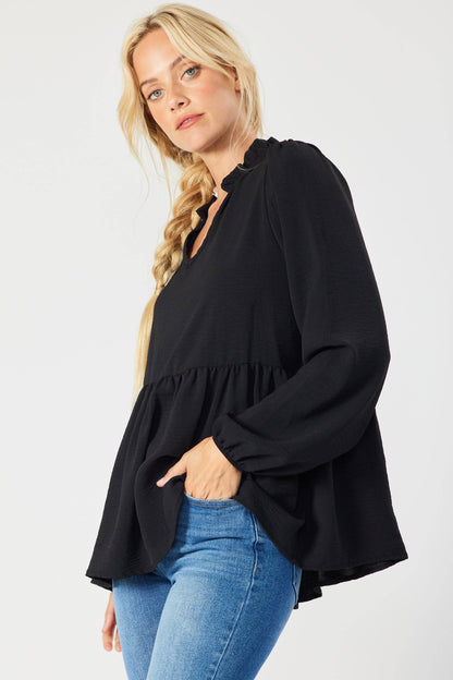ST3073-A - SOLID LONG SLEEVE PEPLUM  TOP WITH RUFFLE COLLAR