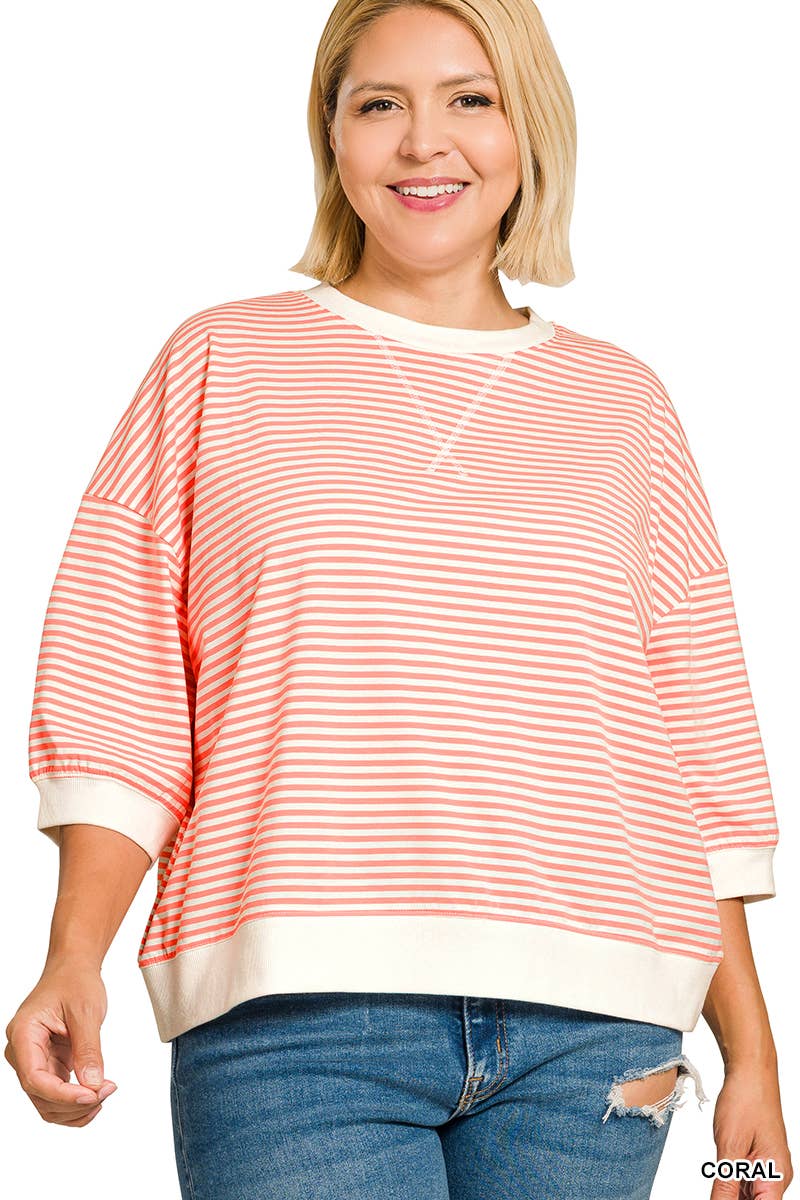 Plus Striped Rib Banded Short Sleeve Pullover