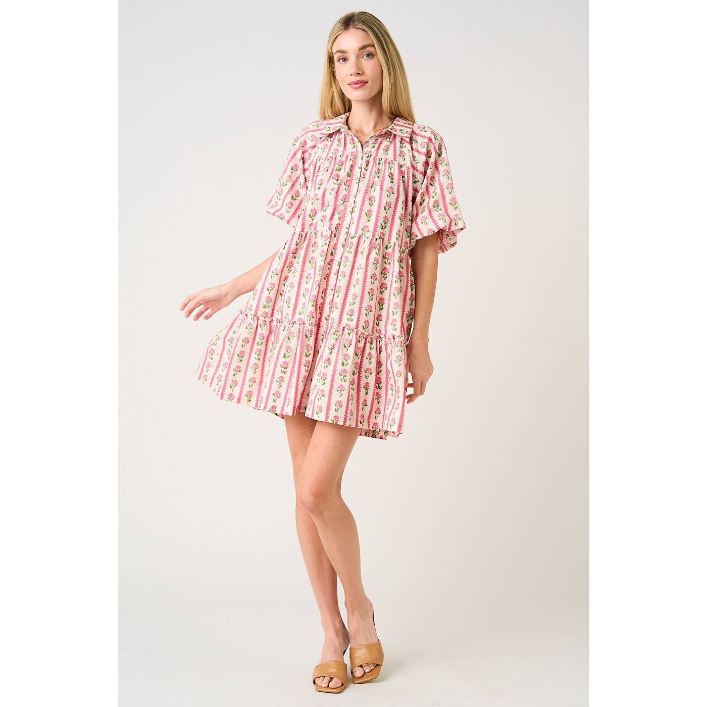 FLORAL STRIPE PRINT TIERED MINI SHIRT DRESS