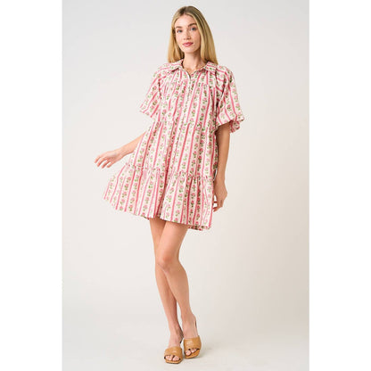 FLORAL STRIPE PRINT TIERED MINI SHIRT DRESS