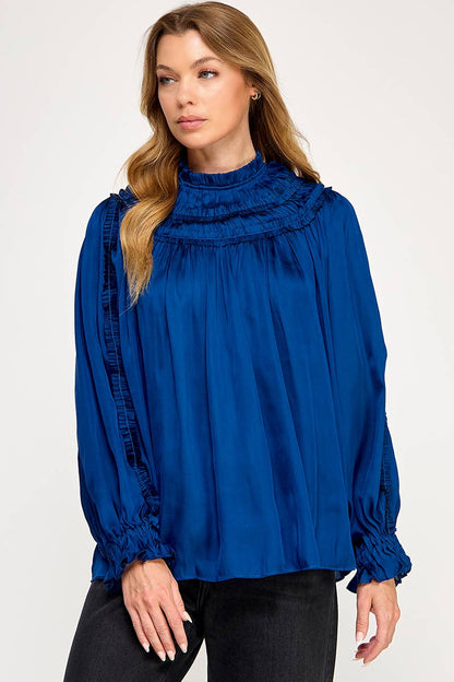 IT3477 - RUFFLED LONG SLEEVES SATIN TOP