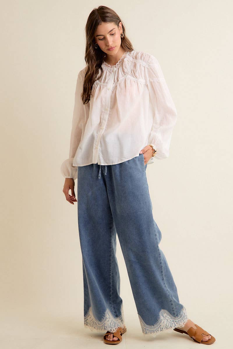LACE TRIM WIDE LEG ELASTIC MID RISE DENIM PANTS