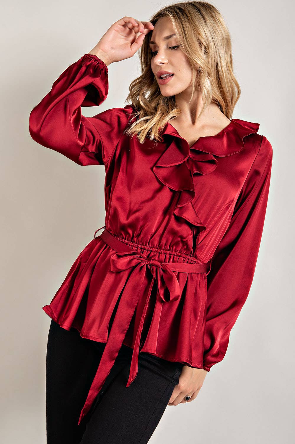 IT3416 - RUFFLED SATIN TOP WITH SELF TIE BELT