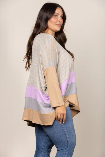 TAUPE STRIPE COLOR BLOCK CONTRAST OVERSIZE PLUS SIZE TOP