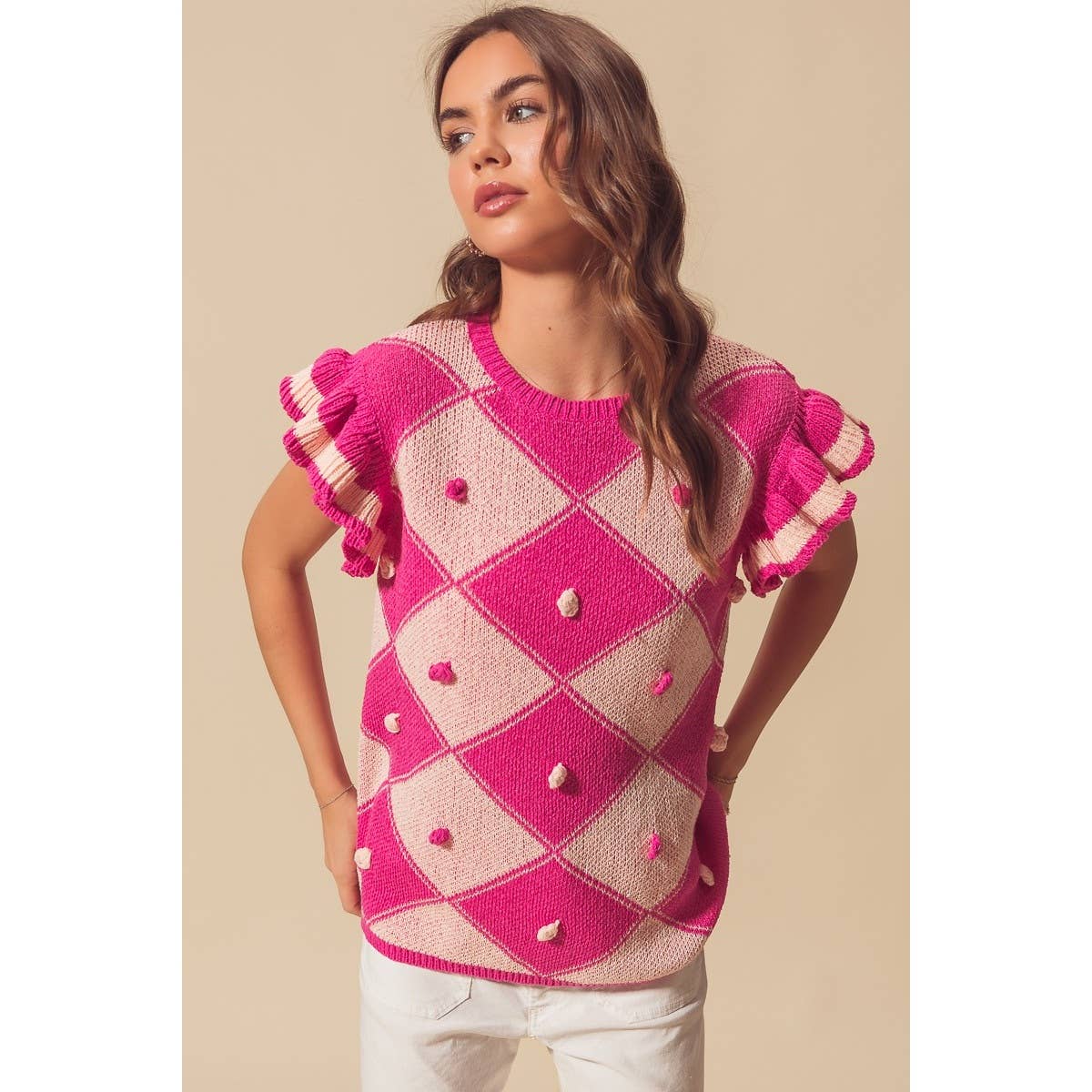 ARGYLE PATTER SWEATER TOP WITH RUFFLED SLEEVES