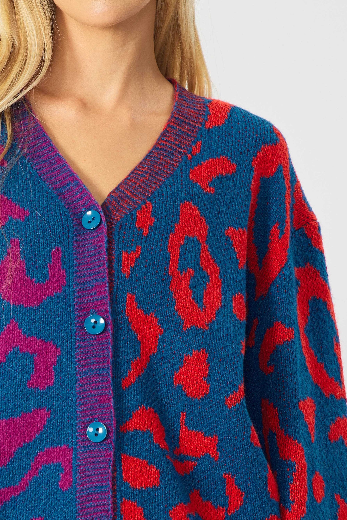 IJ1101 - LEOPARD COLOR BLOCK BUTTON DOWN SWEATER CARDIGAN