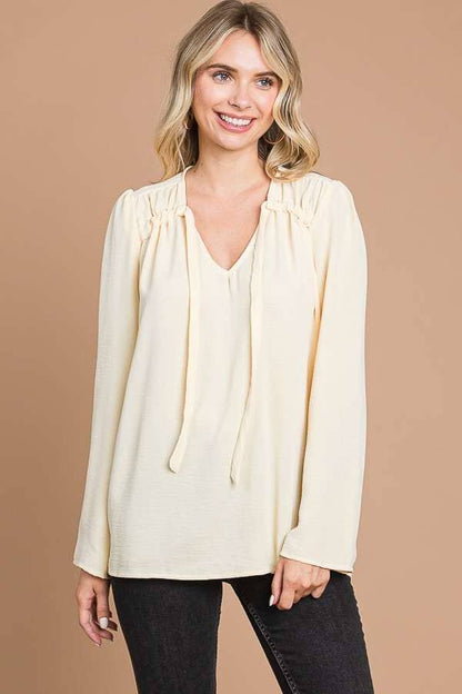 CWT1862L - RUCHING YOKE DETAIL BELL SLEEVE TOP
