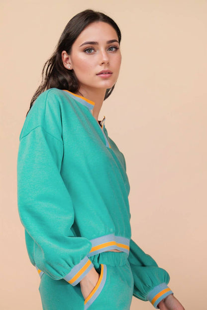 NT12382SET-Color Block Band Detail Comfy Knit Top & Pants Set