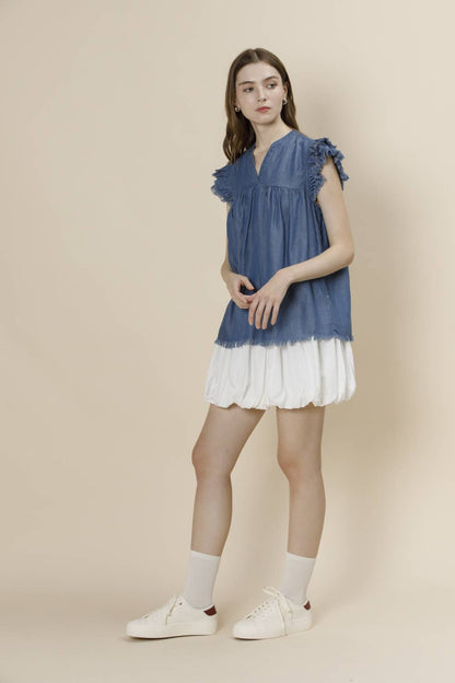 Pre-Washed Tencel Denim Frayed Ruffle Cap Sleeve Top