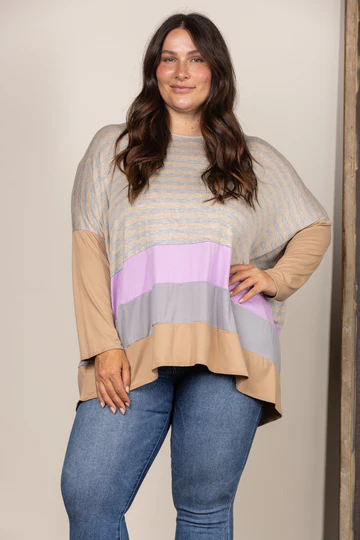 TAUPE STRIPE COLOR BLOCK CONTRAST OVERSIZE PLUS SIZE TOP
