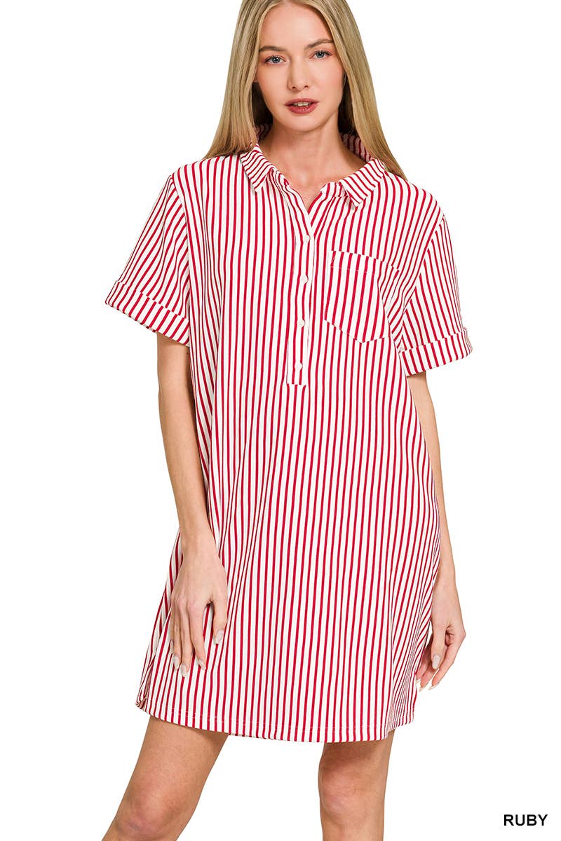0210 Stripe Collared Half Button Up T-Shirt Dress SI-29476