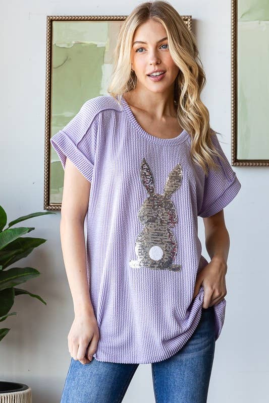 ET7822-10 SHORT SLEEVE SOLID URBAN RIBB TOP WITH RABBIT