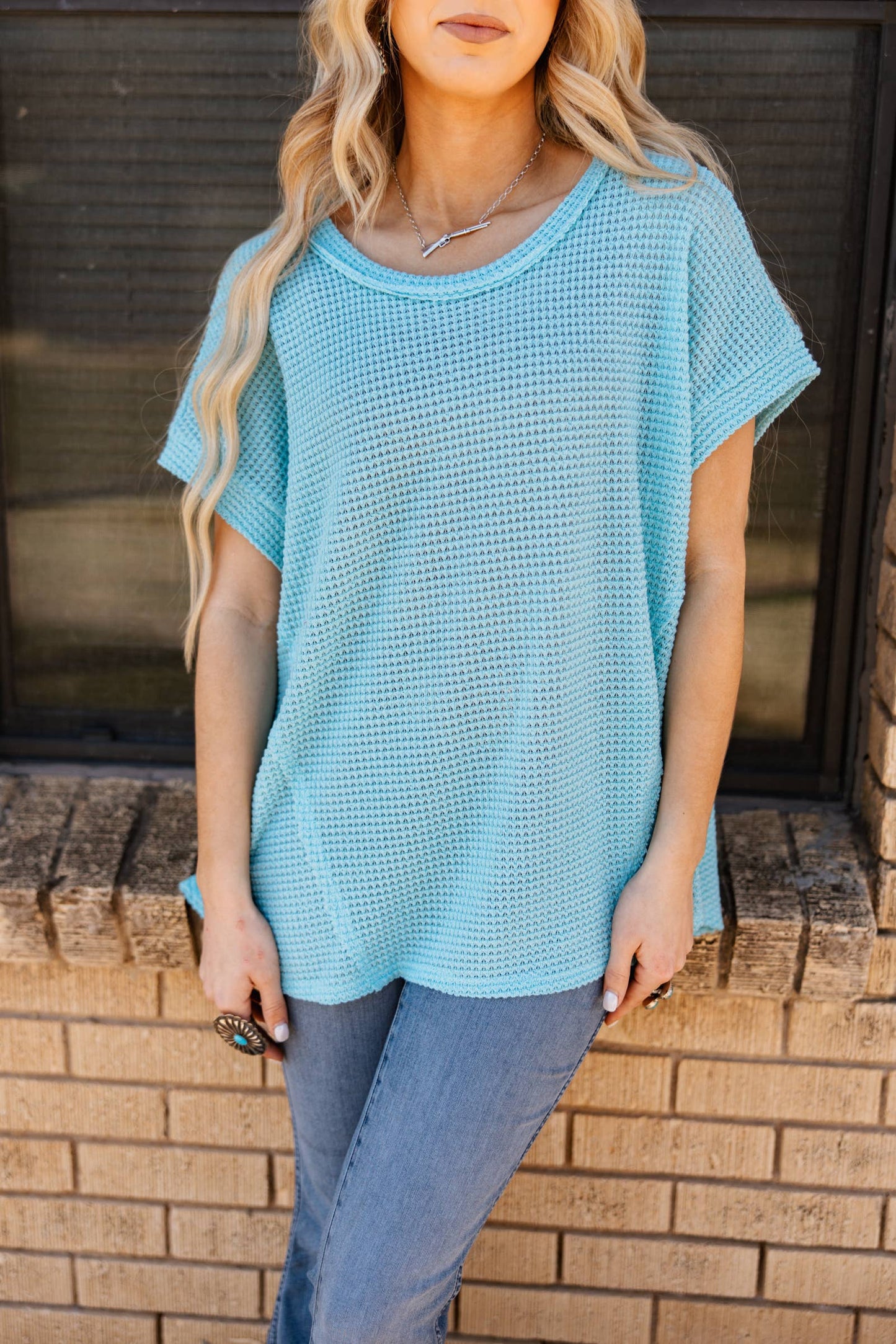 Round Neckline Crochet Poncho Sleeve Top: NAVY / S/M