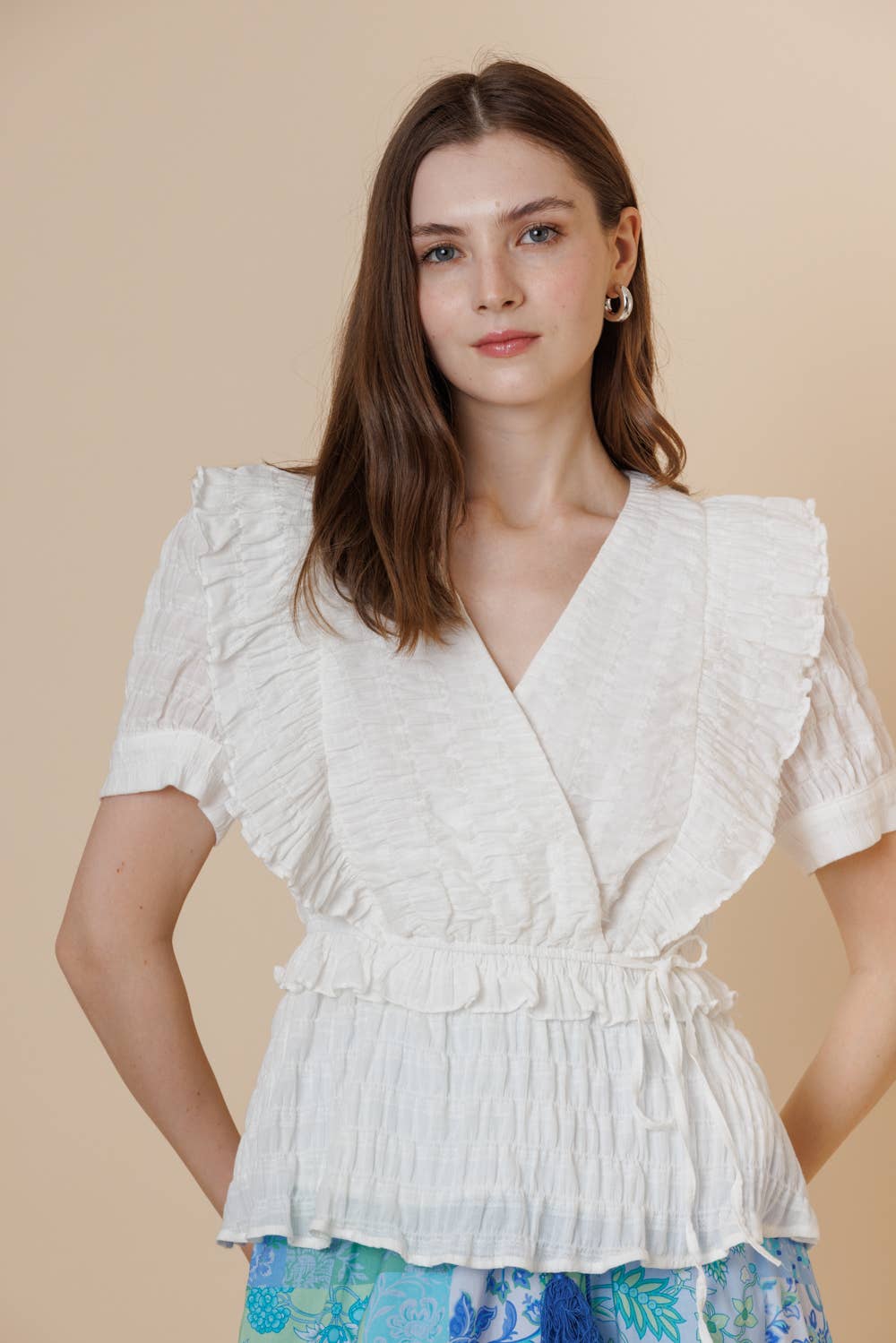 Textured Cotton Surpliced Puff Short Sleeve Ruffle Top