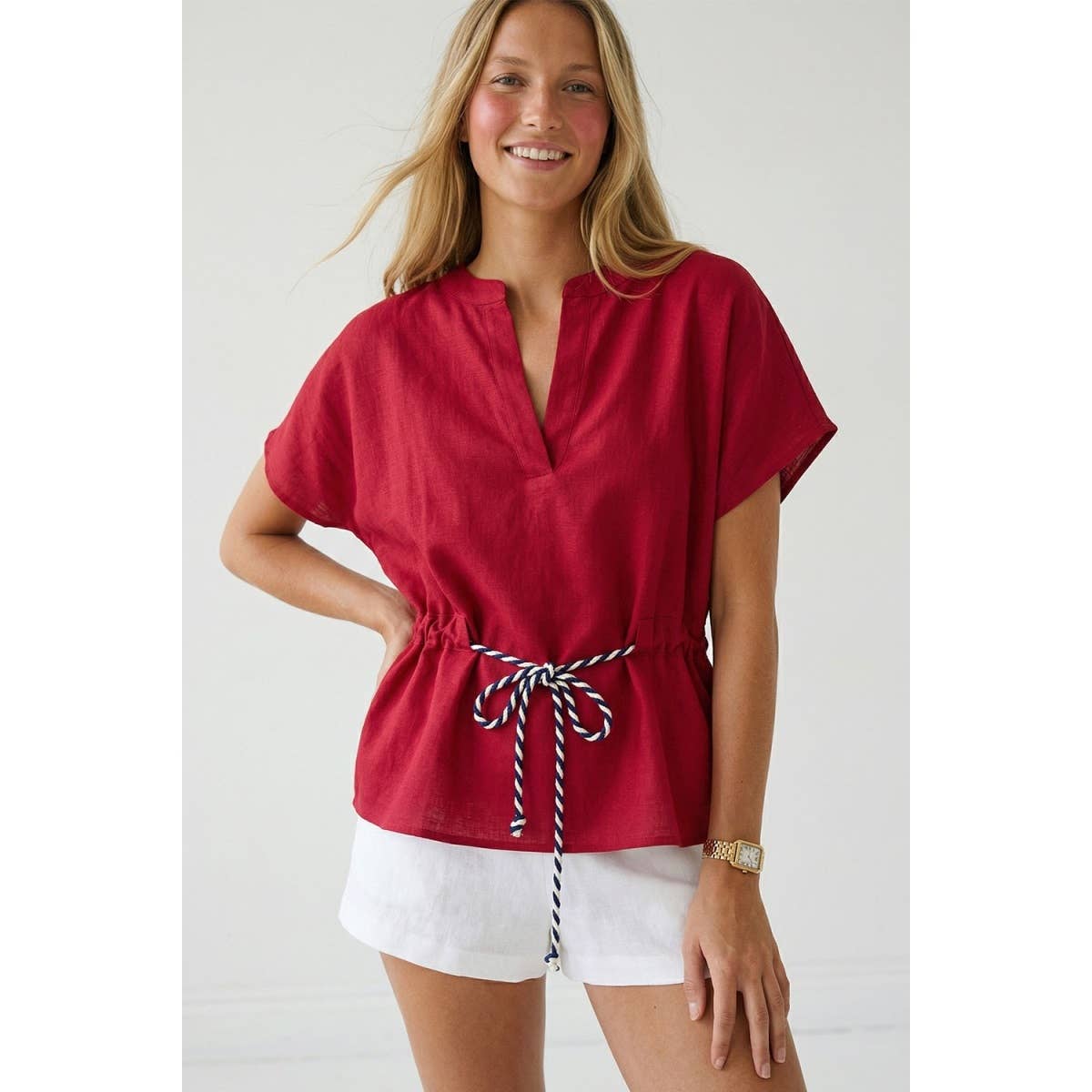 Linen Rope Tie Waist Blouse