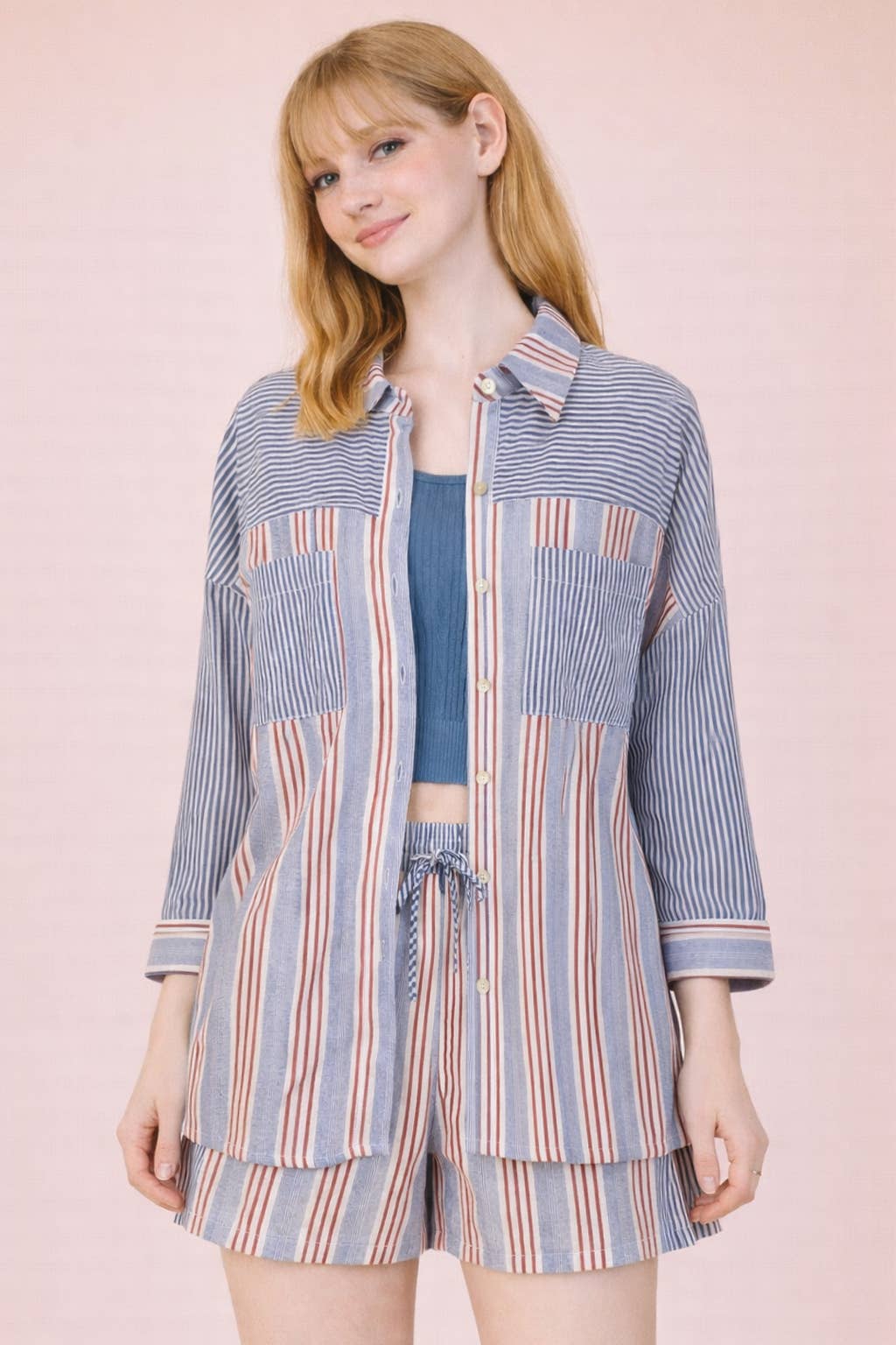Stripe Woven Shirt Top & Shorts Set