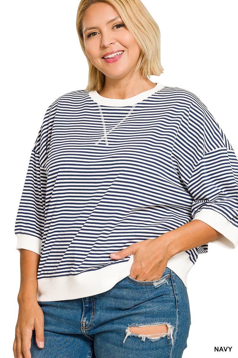 Plus Striped Rib Banded Short Sleeve Pullover