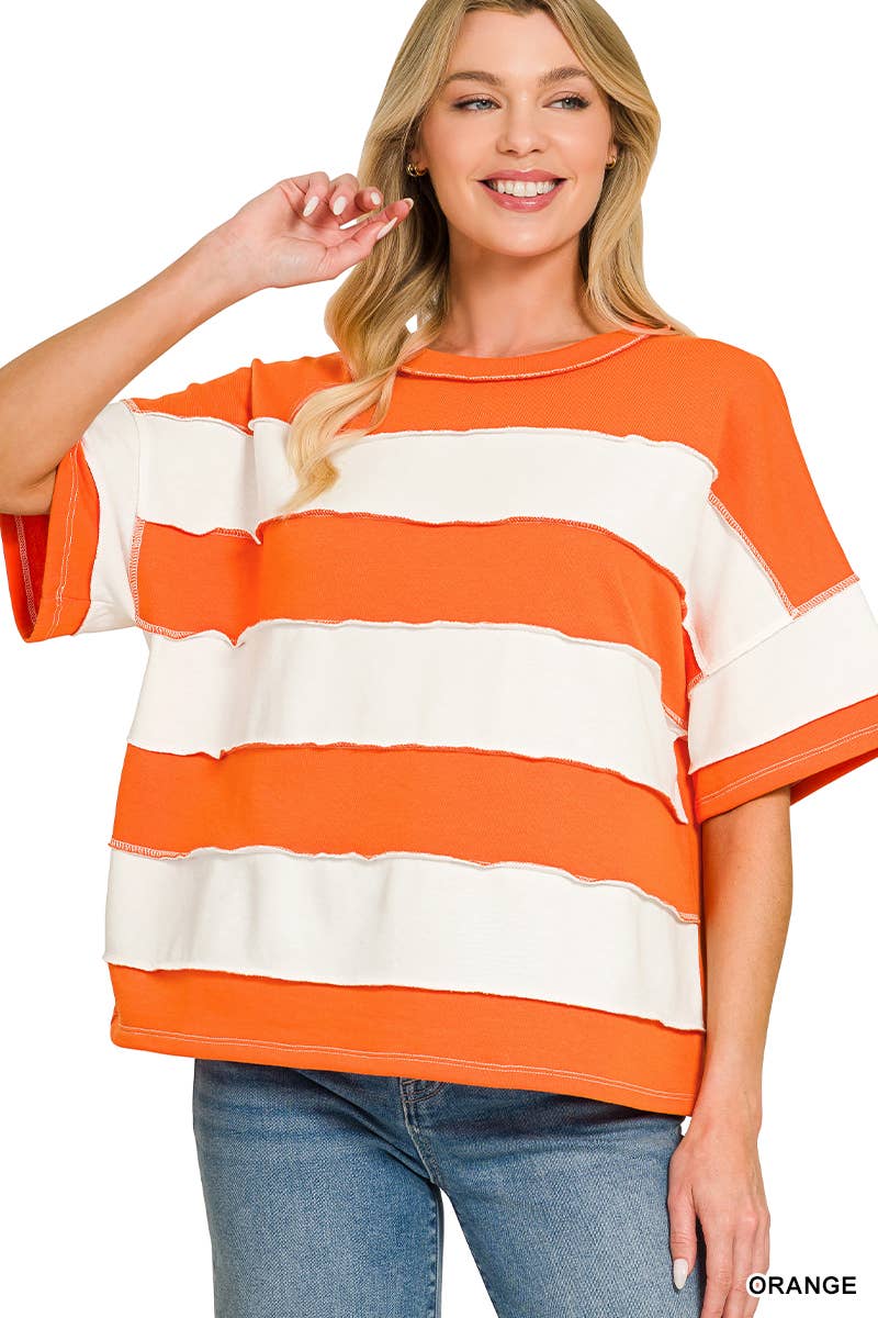 French Terry Striped Exposed Seam Top - Zenana