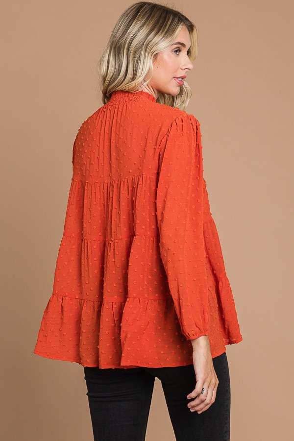 CWT1887Q - SMOCK NECK TIERED 3/4 SLEEVE TOP