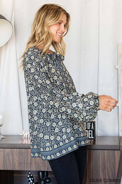 BORDER PRINT NECK TIE TOP