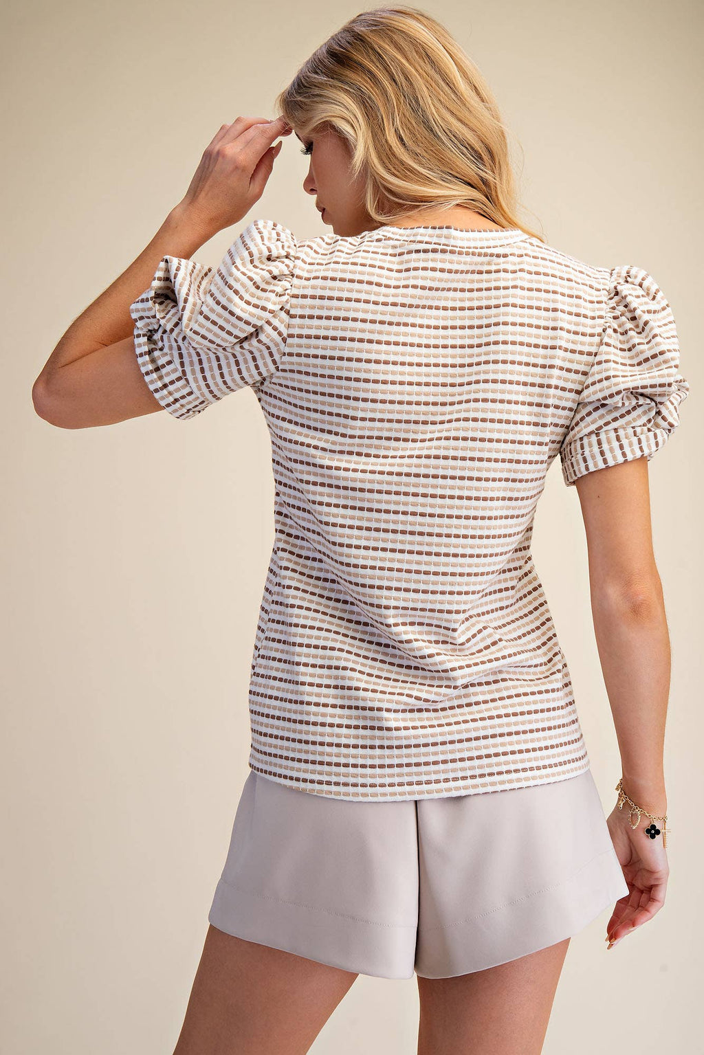 Round Neck Puff Sleeve Stripe Top